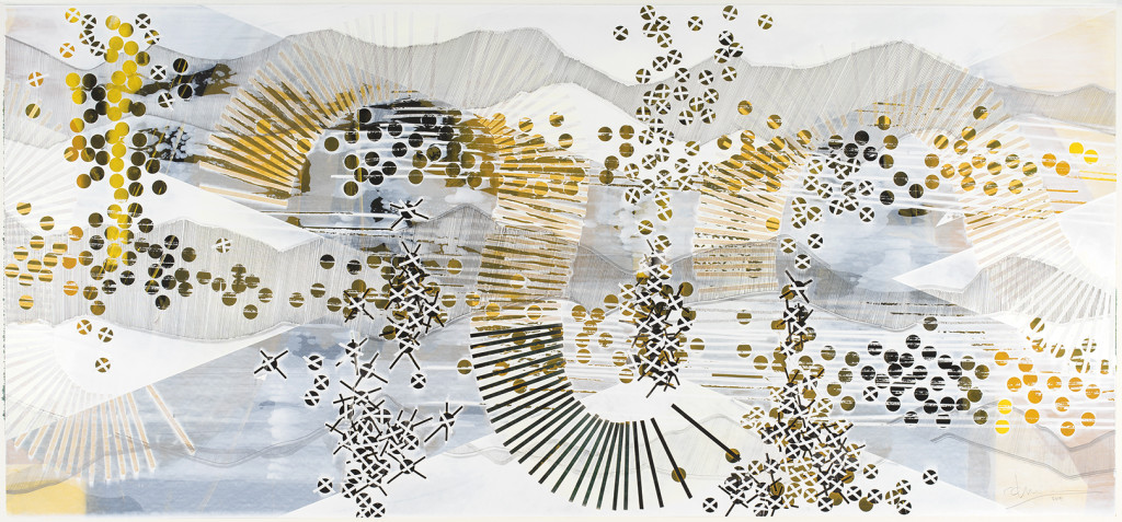 BLAZE 209, 2015, acrylic, watercolor, graphite, ink, artist tape, correction Tape on paper, 30 X 65 inches View full size