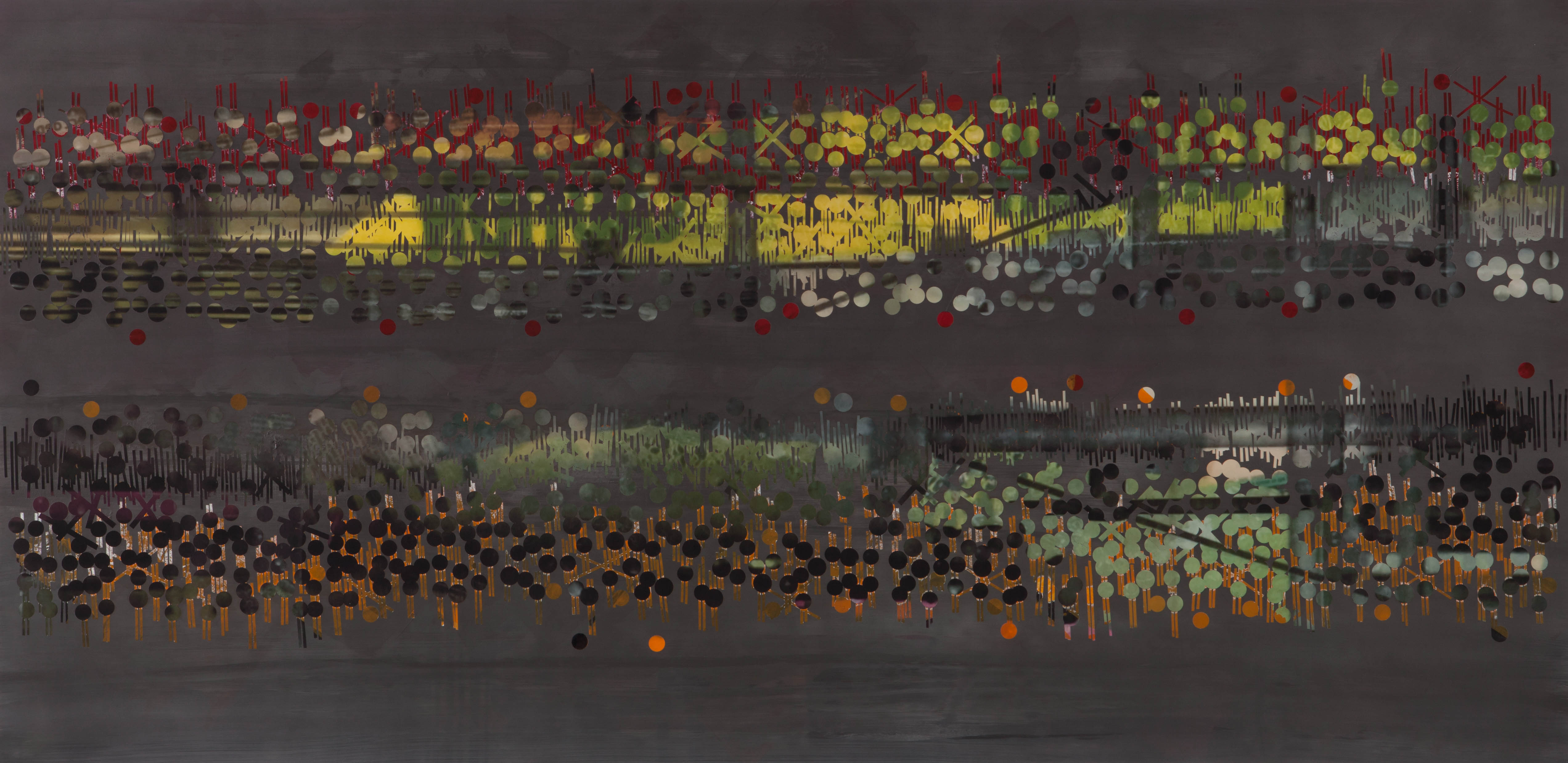 TRIBE 176 - 2013, acrylic, watercolor, graphite on paper, 35.5 x 72 inches (SOLD)