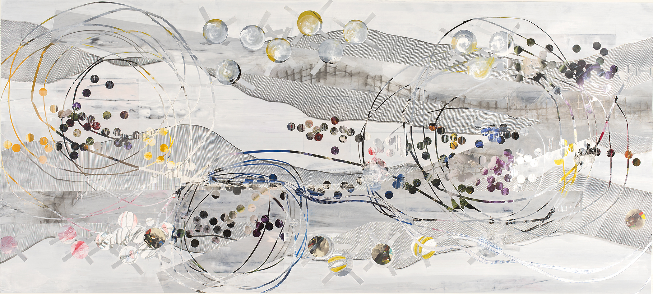 BLAZE 213 - 2015, acrylic, found paper, watercolor, graphite, ink on paper, 30.75 X 68.25 inches (AVAILABLE)