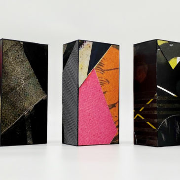 (Left to Right) BRICK 23, BRICK 9, BRICK 21, BRICK 14, BRICK 11 - 2020-2021, mixed media on paper mounted on clay brick, 7 3/4 x 3 3/4 x 2 3/8 each