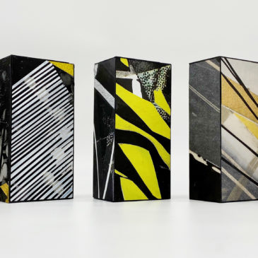 (Left to Right) BRICK 15, BRICK 22, BRICK 17, BRICK 18, BRICK 20 - 2020-2021, mixed media on paper mounted on clay brick, 7 3/4 x 3 3/4 x 2 3/8 each