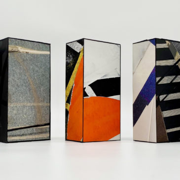 (Left to Right) BRICK 10, BRICK 13, BRICK 12, BRICK 16, BRICK 19 - 2020-2021, mixed media on paper mounted on clay brick, 7 3/4 x 3 3/4 x 2 3/8 each