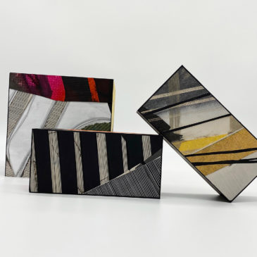 3 BRICKS - 2020-2021, mixed media on paper mounted on clay brick and concrete cinder block, 7 3/4 x 3 3/4 x 2 3/8 small, 7 3/4 x 7 3/4 x 7 3/4 large
