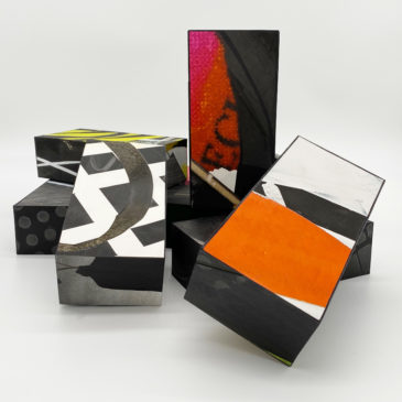 9 BRICKS (version1) - 2020-2021, mixed media on paper mounted on clay bricks, 7 3/4 x 3 3/4 x 2 3/8 each