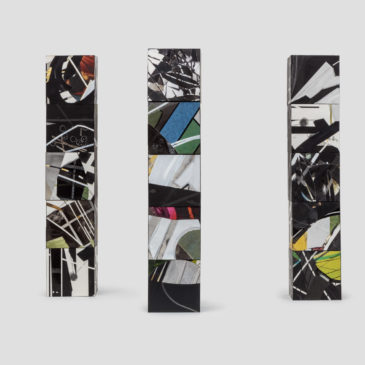 The Brick Project - 3 Totems, 2020-2021, mixed media on paper mounted on clay brick and cinder block, Dimensions variable
