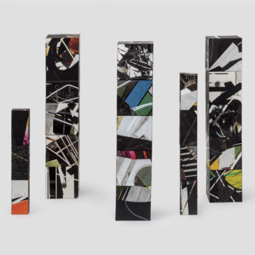 The Brick Project - 5 Totems, 2020-2021, mixed media on paper mounted on clay brick and cinder block, Dimensions variable