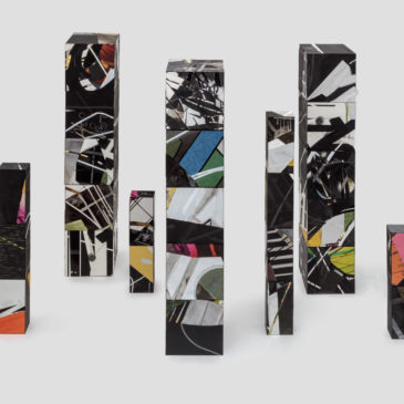 The Brick Project - 7 Totems, 2020-2021, mixed media on paper mounted on clay brick and cinder block, Dimensions variable